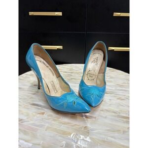 Vintage Spiegel Turquoise Blue Patent Leather Embroidered Stiletto Pumps 6